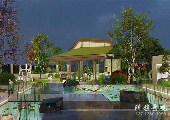 花园水景鱼池设计效果图夜间效果