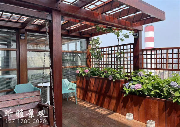 楼顶露台廊架花园景观|菠萝格花架及花池