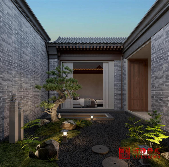 中式花园风格设计效果图|四合院花园设计公司